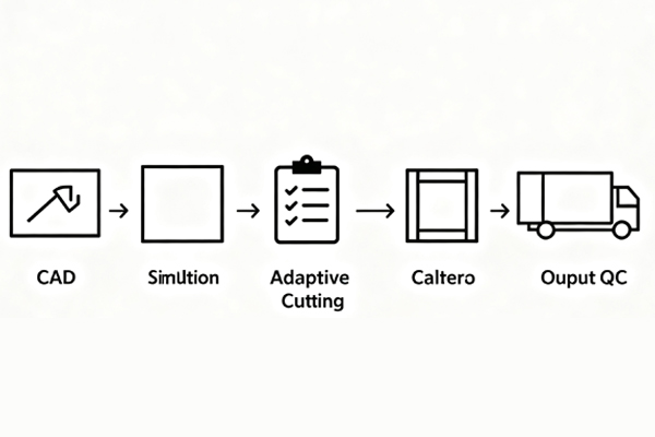 CAD → Simulation → Adaptive Cutting → Calibration → Export QC