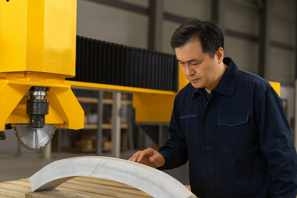 Engineer inspecting stone surface curvature beside QZGEE 450 machine