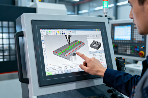 Engineer operating touchscreen HMI interface of QZGEE SmartCAM software,UI displaying tool path and simulation