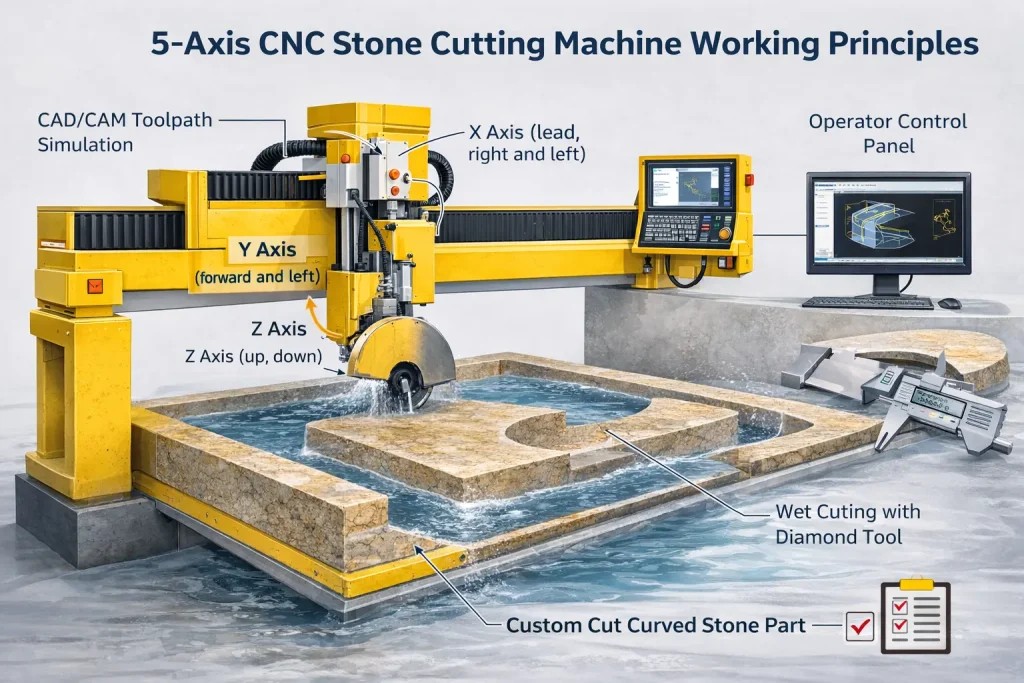 Working principle of a five-axis CNC stone cutting machine