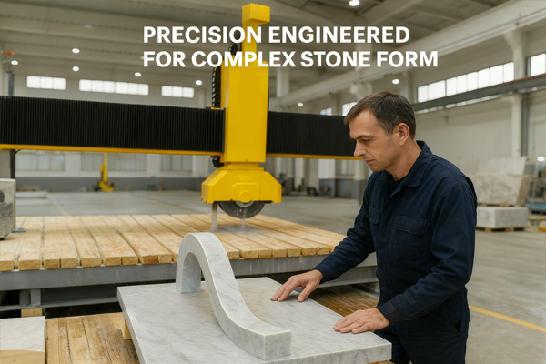left,echnician adjusting cutting head,right,finished sculptural stone panel with curved geometry