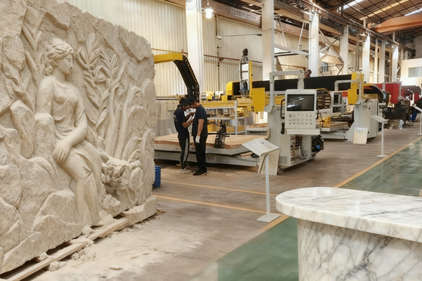 left: stone art wall being carved; right: finished marble counter edge