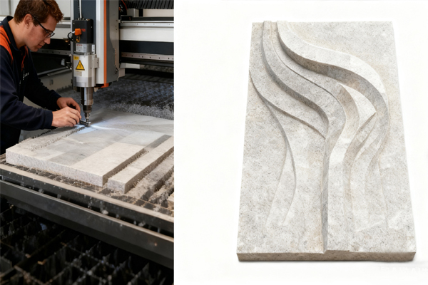 technician adjusting cutting head,right,finished sculptural stone panel with curved geometry