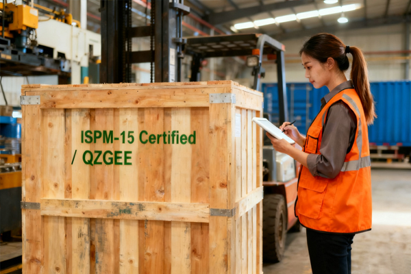 Wooden crate labeled “ISPM-15 Certified — QZGEE Machinery” beside machine being checked by technician
